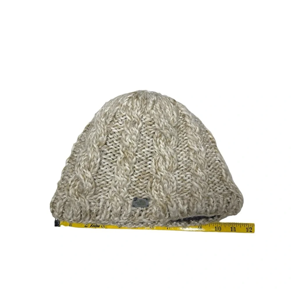 North Face cable knit fleece lined beanie Winter Hat Tan‎ Ski Snowboarding Snow